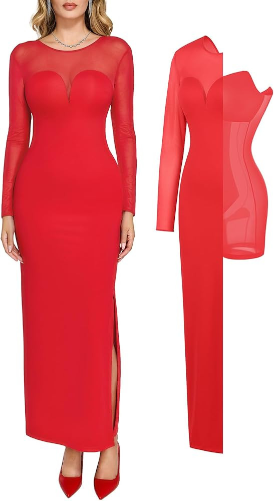 Popilush Long Sleeve Prom Maxi Dress for Women Mesh Shapewear Bodycon Dress Fall Tight Fitted Par... | Amazon (US)