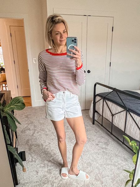 This is my kind of spring outfit! I love the look of shorts with a sweater. I’m wearing small sweater and my regular size 2 shorts, if between size down. 

#LTKover40 #LTKfindsunder50 #LTKsalealert
