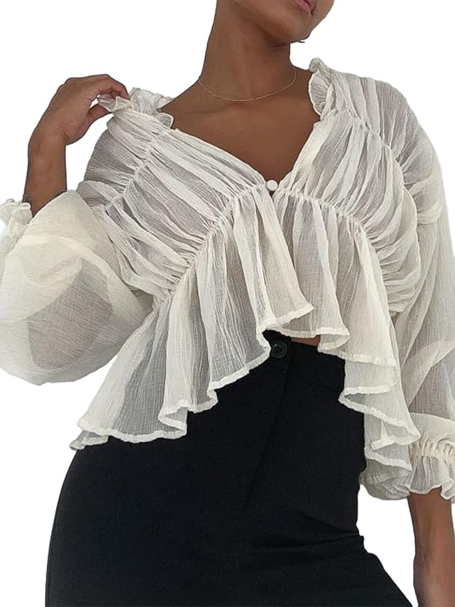 Women Ruffle Ruched Sheer Tops V Neck Long Sleeve Casual Shirts Spring Summer Solid Tiered Pleate... | Amazon (US)