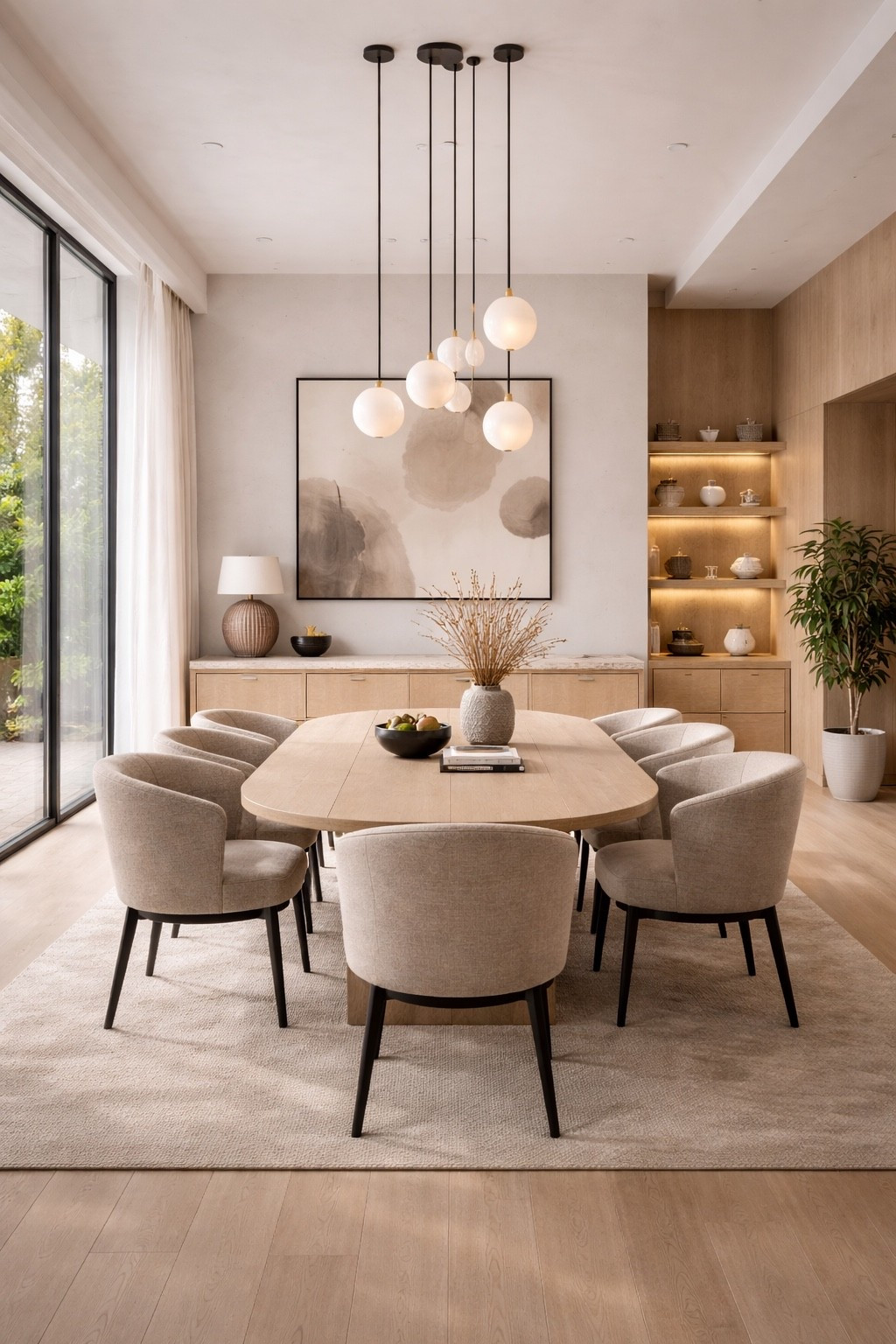 Elegant modern dining room featuring a natural wood oval dining table, soft upholstered chairs, and a beautiful cluster globe pendant chandelier. Warm neutral tones, minimalist decor, and large windows create a bright and sophisticated space perfect for modern homes. This contemporary dining room blends simplicity, comfort, and luxury for a timeless interior design inspiration.

#moderndiningroom #minimalistdiningroom #luxurydiningroom #diningroomdesign #neutralinterior #modernhome #interiordesign #diningroominspo #homedecor #modernluxury #contemporarydesign #neutraldecor #interiorinspiration #luxuryhome #diningroomdecor