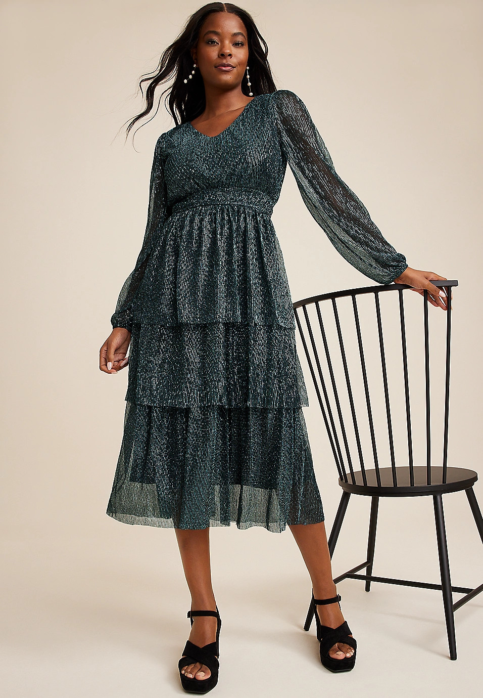 Green Plisse Long Sleeve Midi dress | Maurices