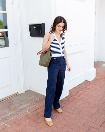 Spring outfit idea | J.Crew striped sweater tank, linen navy pant, woven ballet flats, straw tote 

#LTKstyletip