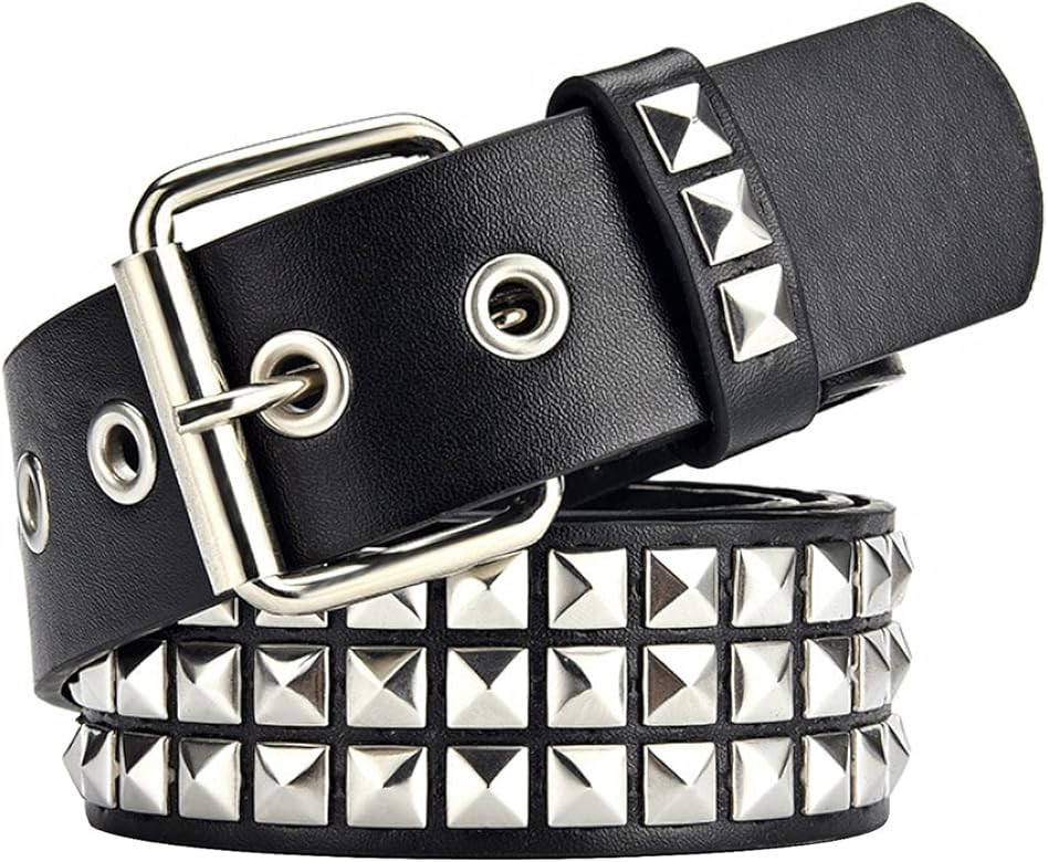 Studded Belt, 3 Row Metal Pyramid Square Beads Punk Leather Belt, Women Men Studded Jeans Belt. (bla | Amazon (US)
