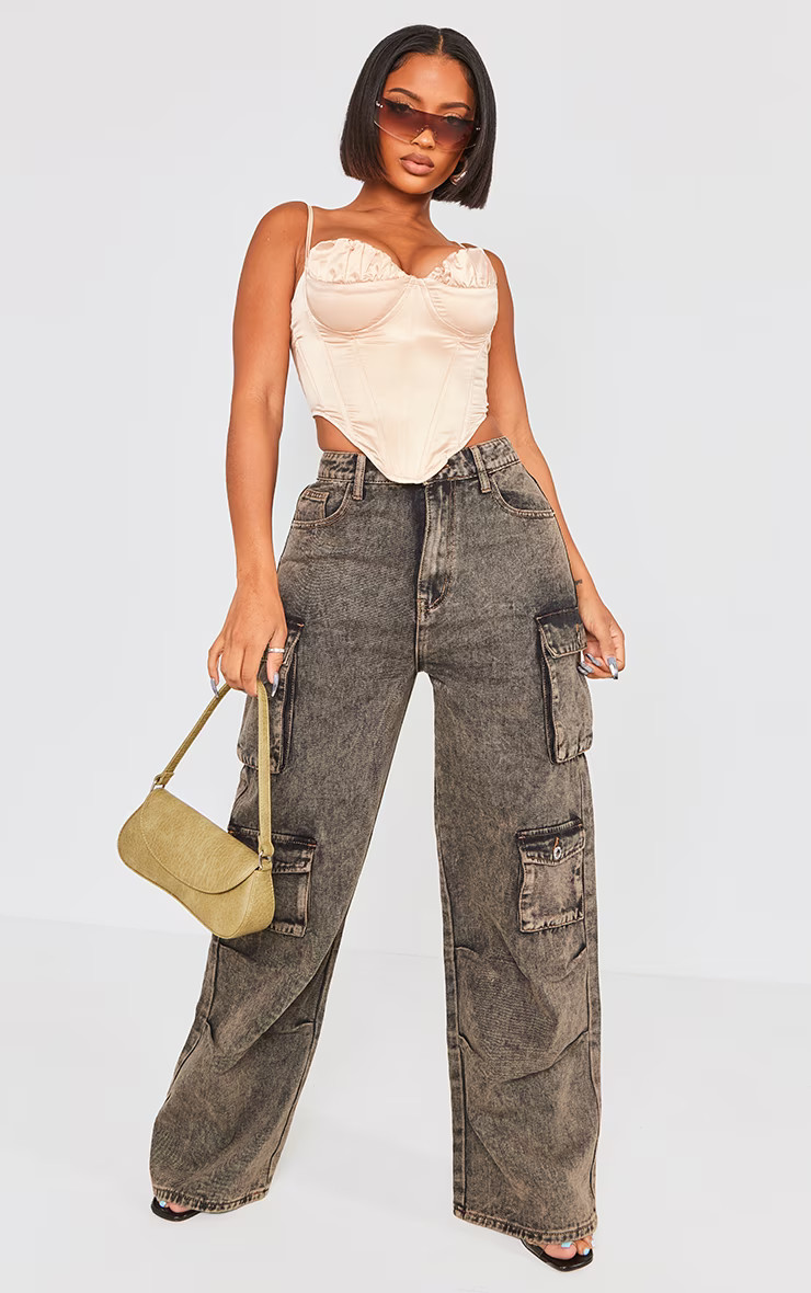 Shape Washed Brown Denim Pocket Detail Cargo Jeans | PrettyLittleThing US