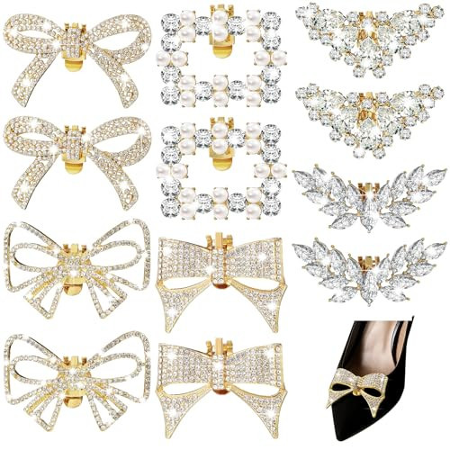 XunYee 12 Pcs Rhinestone Bow Shoe Clips Buckle Decorative Bow Clips for Shoes Elegant Removable Shoe Charms for Women, 6 Style(Gold) | Amazon (US)