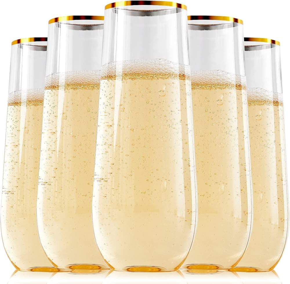 FOCUSLINE 24 Pack 9 Oz Plastic Champagne Flutes | Stemless Plastic Champagne Glasses Gold Rim, He... | Amazon (US)