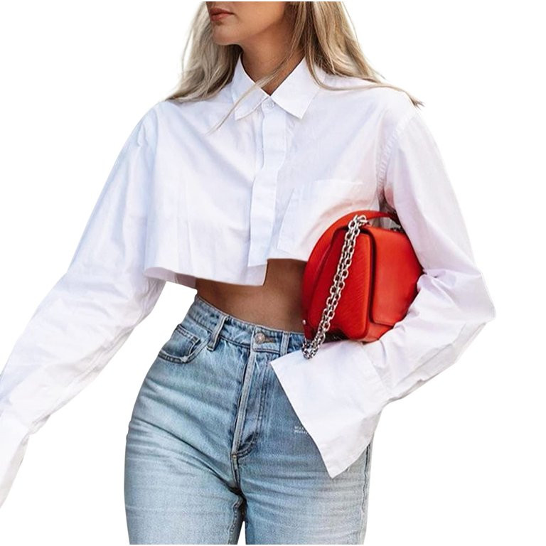 Aunavey Women Button Turn Down Collar Cropped Shirt Long Sleeve Loose Aesthetic Irregular Blouse ... | Walmart (US)
