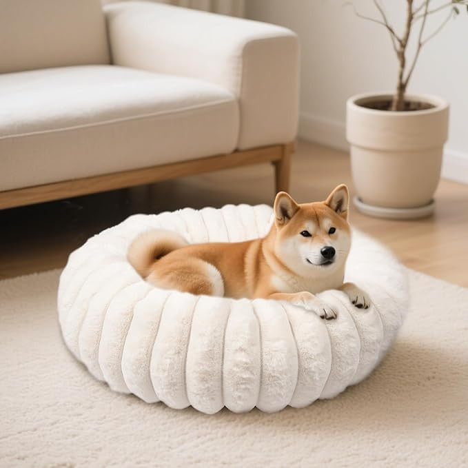 Donut Dog and Cat Bed, Luxurious Comfortable Faux Rabbit Fur Pet Beds, Round Anti-Anxiety Calming... | Amazon (US)