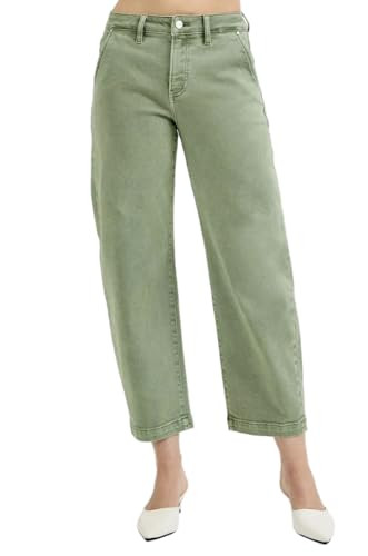 Risen Tummy Control High Rise Crop Barrel Jeans in Olive- Ivory Gem | Amazon (US)