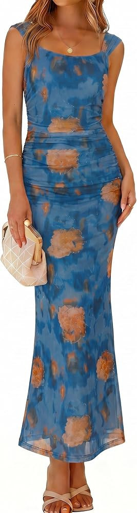 Simplee Womens Summer Wedding Guest Dress Floral Bodycon Mesh Tank Sleeveless Ruched Sexy Party S... | Amazon (US)