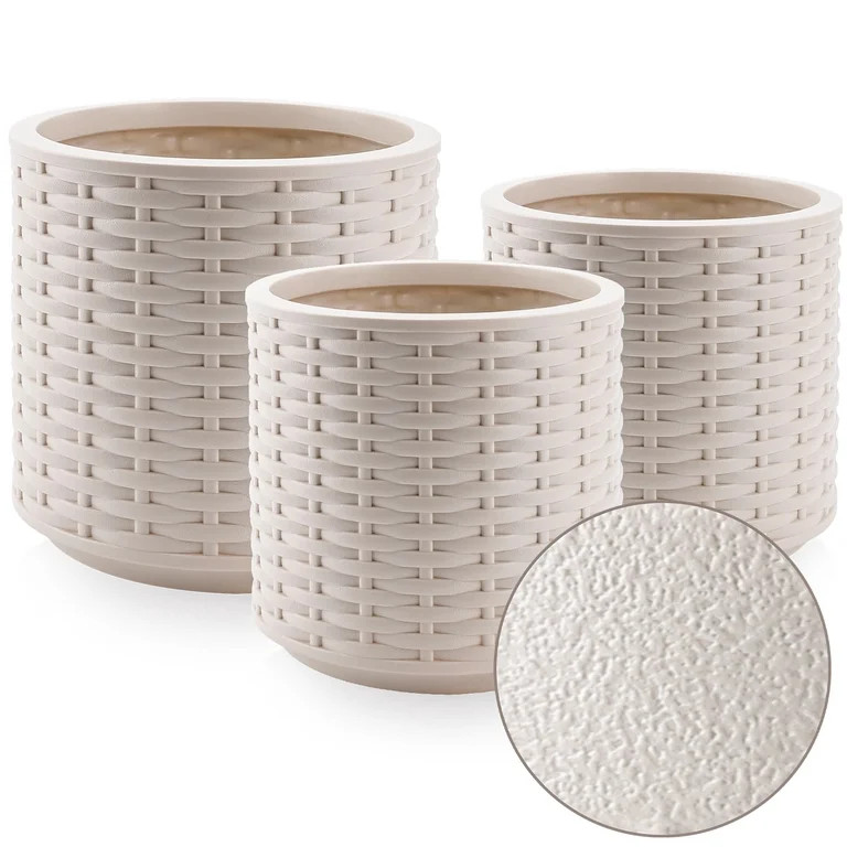 FOUKUS Large Concrete-Like Plastic Planter Set: 3-Piece Woven Texture Round Lightweight Planters ... | Walmart (US)
