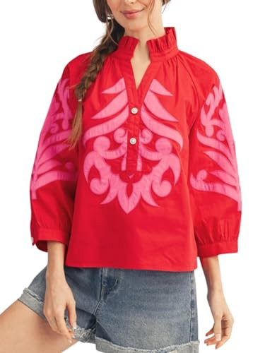 Womens Baroque Applique Blouses Ruffled V-Neck 3/4 Puff Sleeves Top Floral Embroidered Button Dow... | Amazon (US)