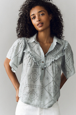 Pilcro Embroidered Eyelet Buttondown Shirt | Anthropologie (US)