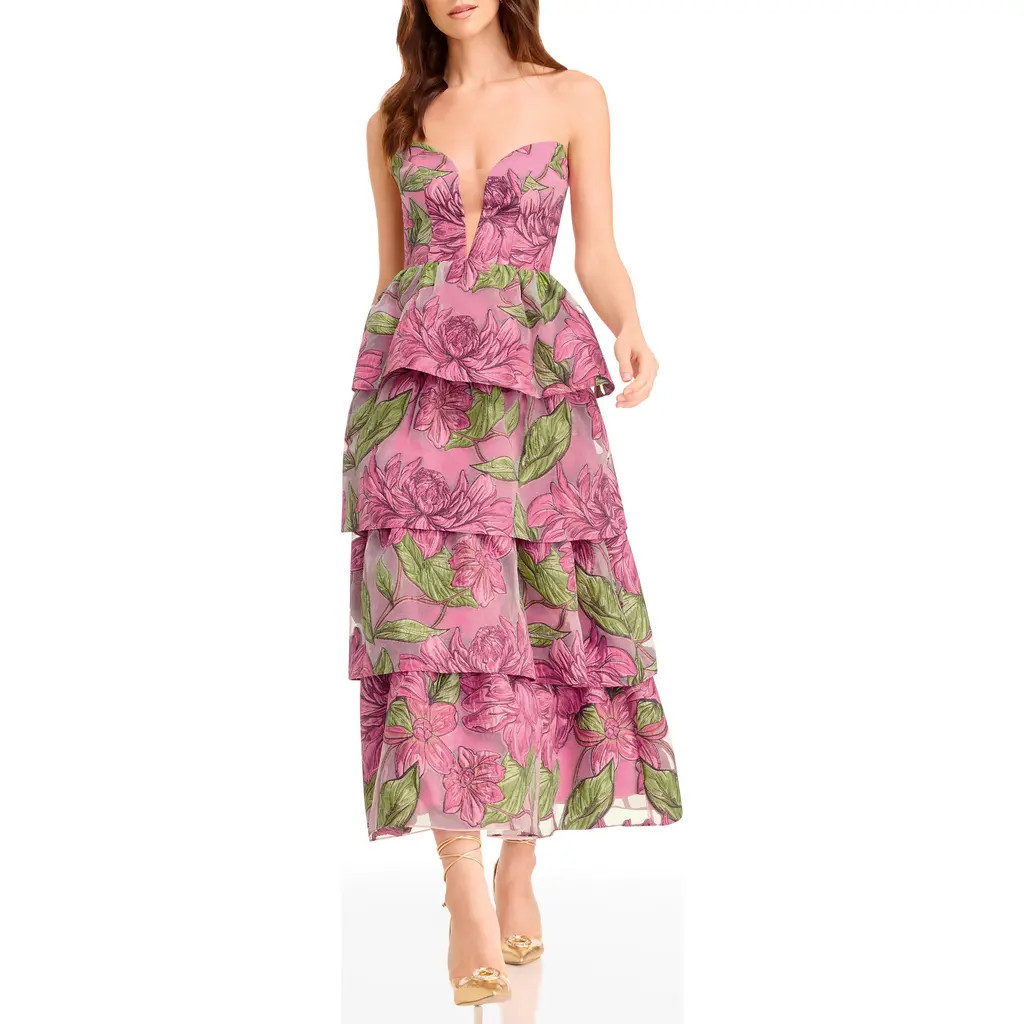 Dress the Population Savannah Floral Strapless Tiered Gown in Bright Fuchsia Multi at Nordstrom, Size Xx-Small | Nordstrom