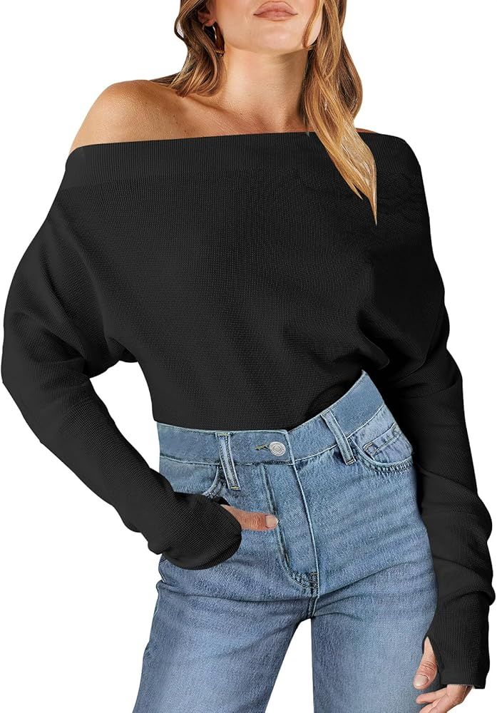 Womens Casual Off The Shoulder Long Batwing Sleeve Waffle Knit Shirt Pullover Sweater Tunic Top | Amazon (US)