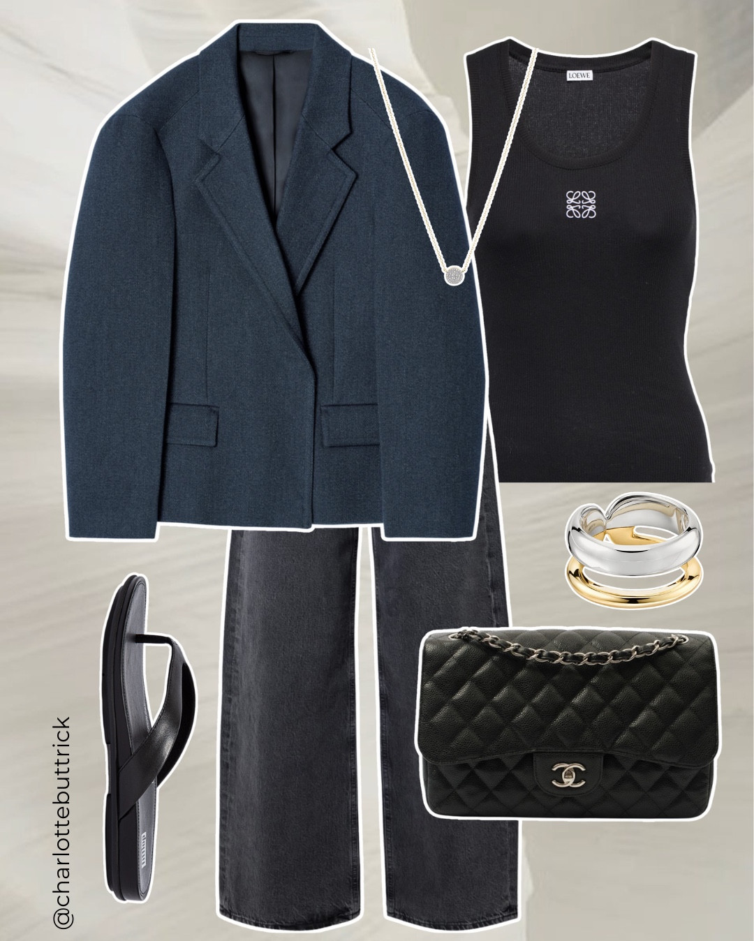 Flatlay vs on me ➡️ the blue version of my COS exaggerated shoulder blazer is half price in the sale - as are my Gracie leather Flipflops from Fitflop. My Loewe vest is back in stock as are my Agolde wide leg jeans - I have also linked some preloved chanel jumbo flap handbags like my recent second hand forever wardrobe purchase. Finished off with a floating diamond necklace and a two tone gold and silver ring ✔️ #cos #minimal 

#LTKuk #LTKjeans #LTKsale