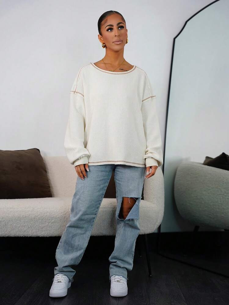 SAYEHFBABY Women's Casual Solid Color Knit Crew Neck Long Sleeve Loose Washed T-Shirt,White Top | SHEIN