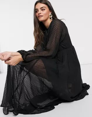 ASOS DESIGN textured mesh trapeze midi dress with bubble sleeves in black | ASOS (Global)