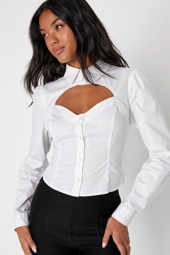 Sartorially Sultry White Cutout Long Sleeve Button-Up Top | Lulus (US)