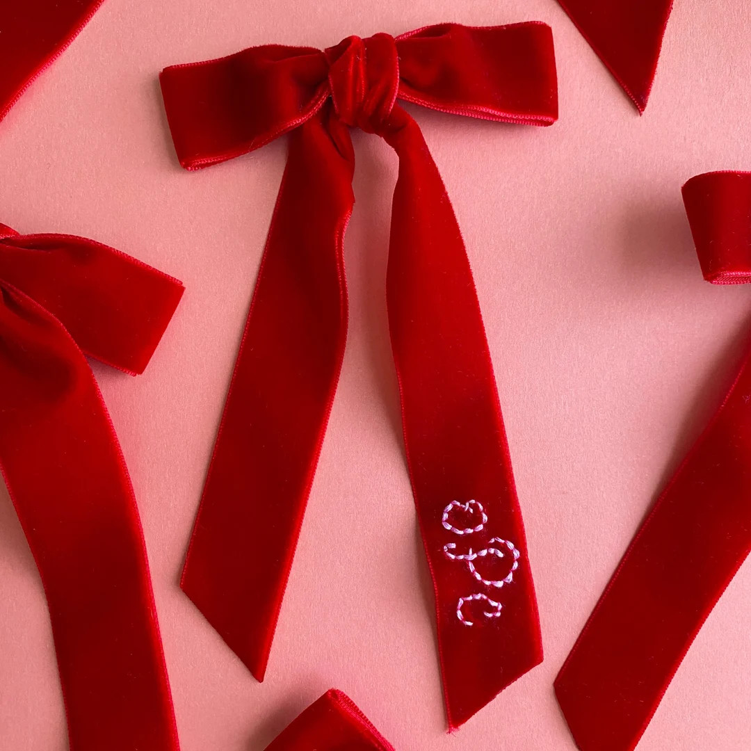 Custom Embroidered Velvet Ribbon Custom Name Hand Stitched Hair Bow, Personalized Hair Clip, Girl... | Etsy (US)