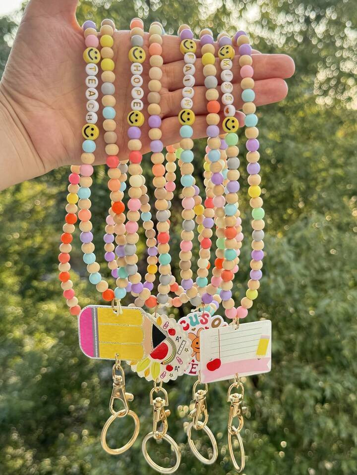 1pc Retractable Lanyards For Id Badges Teacher Lanyard With ID Holder Acrylic And Wooden Beaded Lanyard For Keychain Personalized Gift For Women | SHEIN