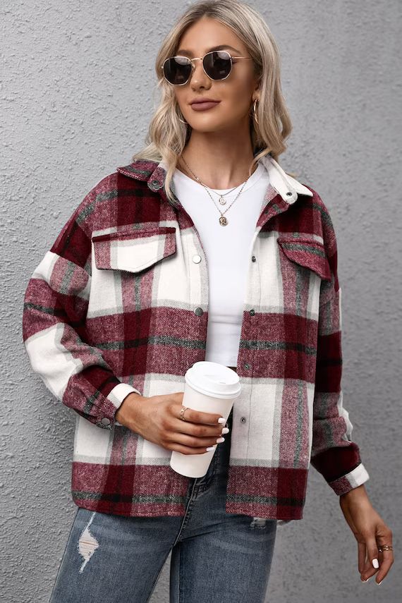 Plaid Button Down Flannel Shirt Jacket | Etsy (US)