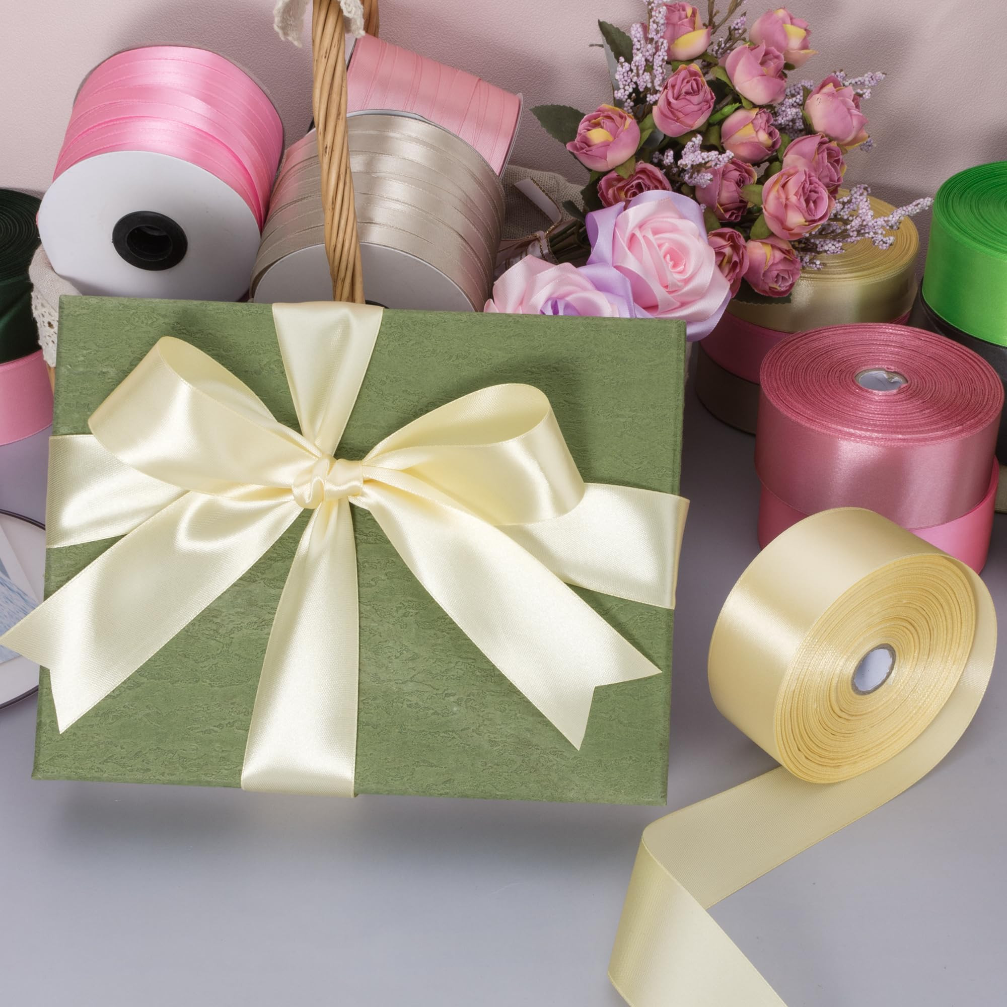 1 1/2 Inch Cream Yellow Solid Satin Ribbon, 50 Yards Craft Fabric Ribbon for Gift Wrapping Floral... | Amazon (US)