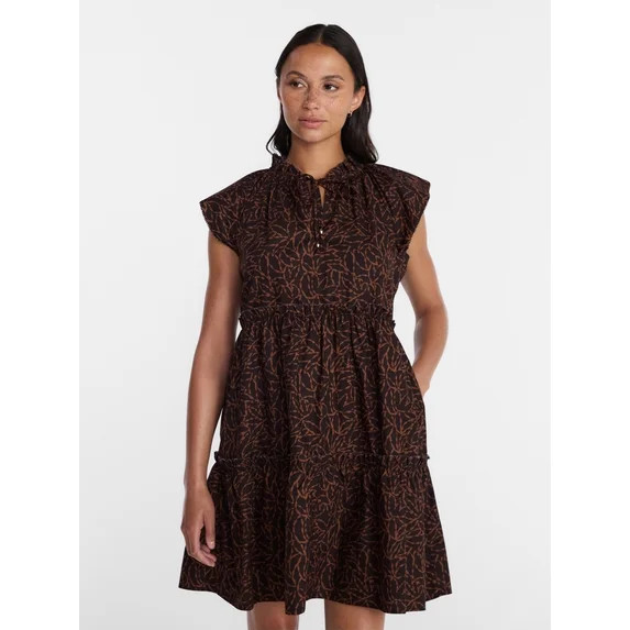 Time and Tru Women's Tiered Cotton Mini Dress with Flutter Sleeves, Sizes XS-4X | Walmart (US)