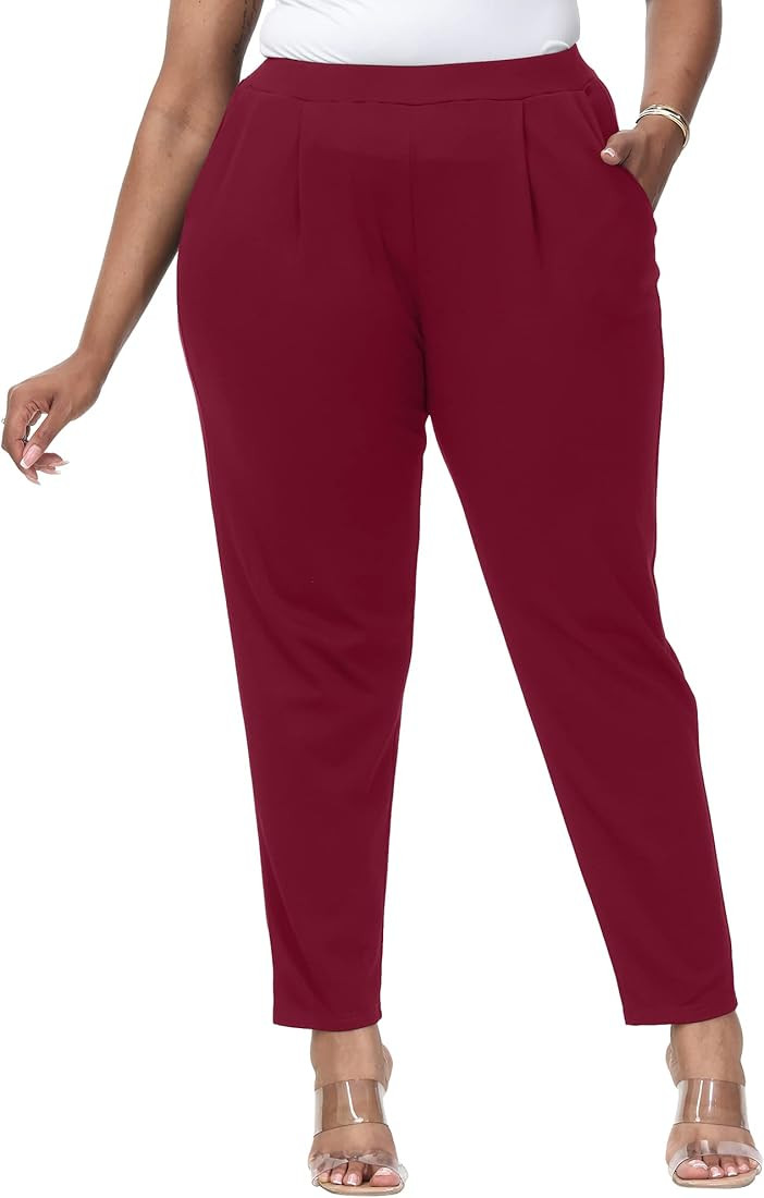 Gboomo Plus Size Pants Casual Elastic Waist Tapered Trouser Pull-on Work Pant with Pockets | Amazon (US)