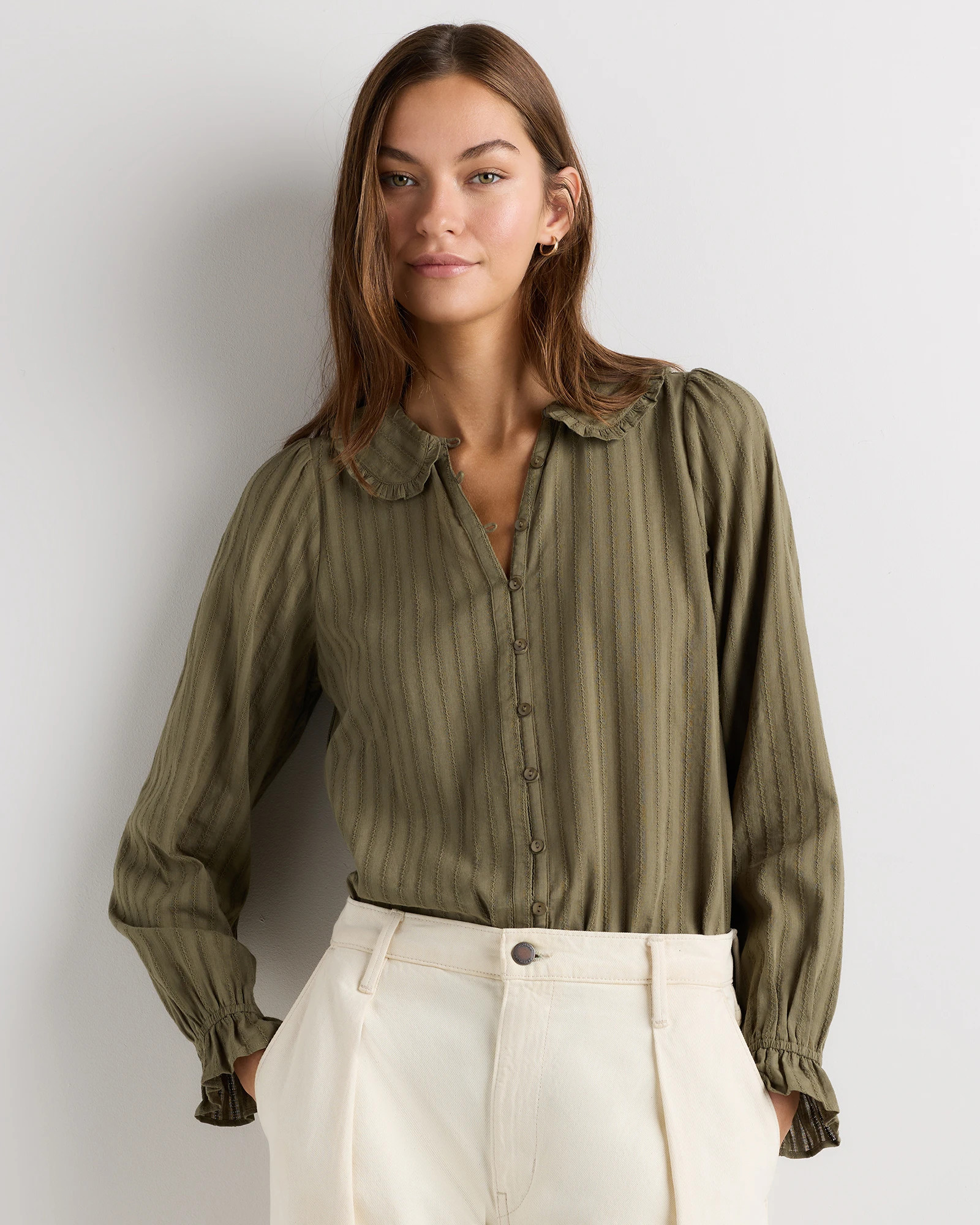 Quince | Women's Embroidered Cotton Ruffle Collar Long Sleeve Blouse in True Black, Size Medium, Organic Cotton | Quince