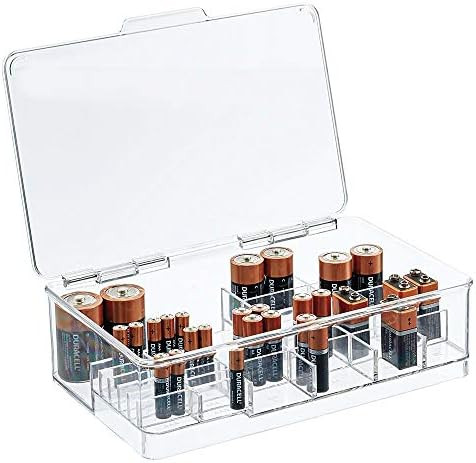 mDesign Stackable Divided Battery Storage Organizer Box Bin with Hinged Lid for AA, AAA, C, D, 9 ... | Amazon (US)