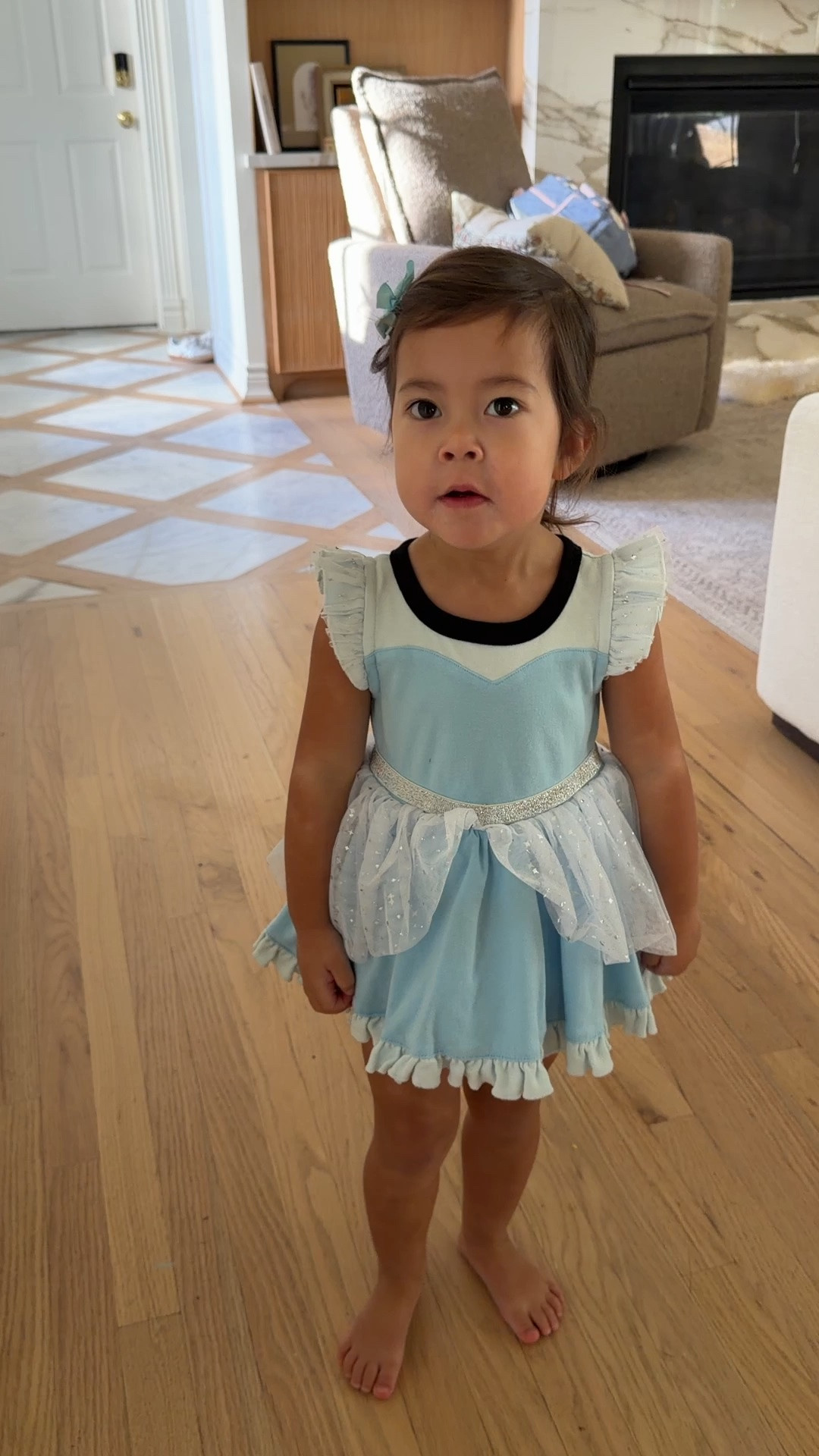 Disney baby toddler body suit dress super soft. Wearing 18-24 M at 3, very happy she still fits