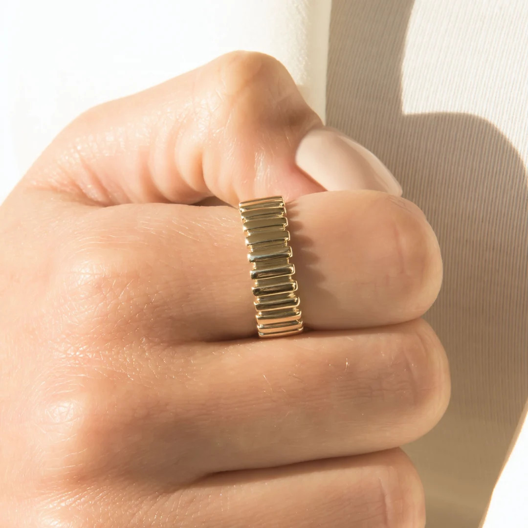 14k Solid Gold Wide Ribbed Band Ring, Gold Charlotte Ribbed Ring, Chunky Bubble Gold Dome Ring, S... | Etsy (US)