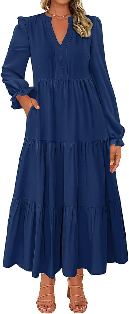 Lazysmile Dresses for Women 2025 Fall Long Sleeve V Neck Button Down A-Line Flowy Casual Boho Max... | Amazon (US)