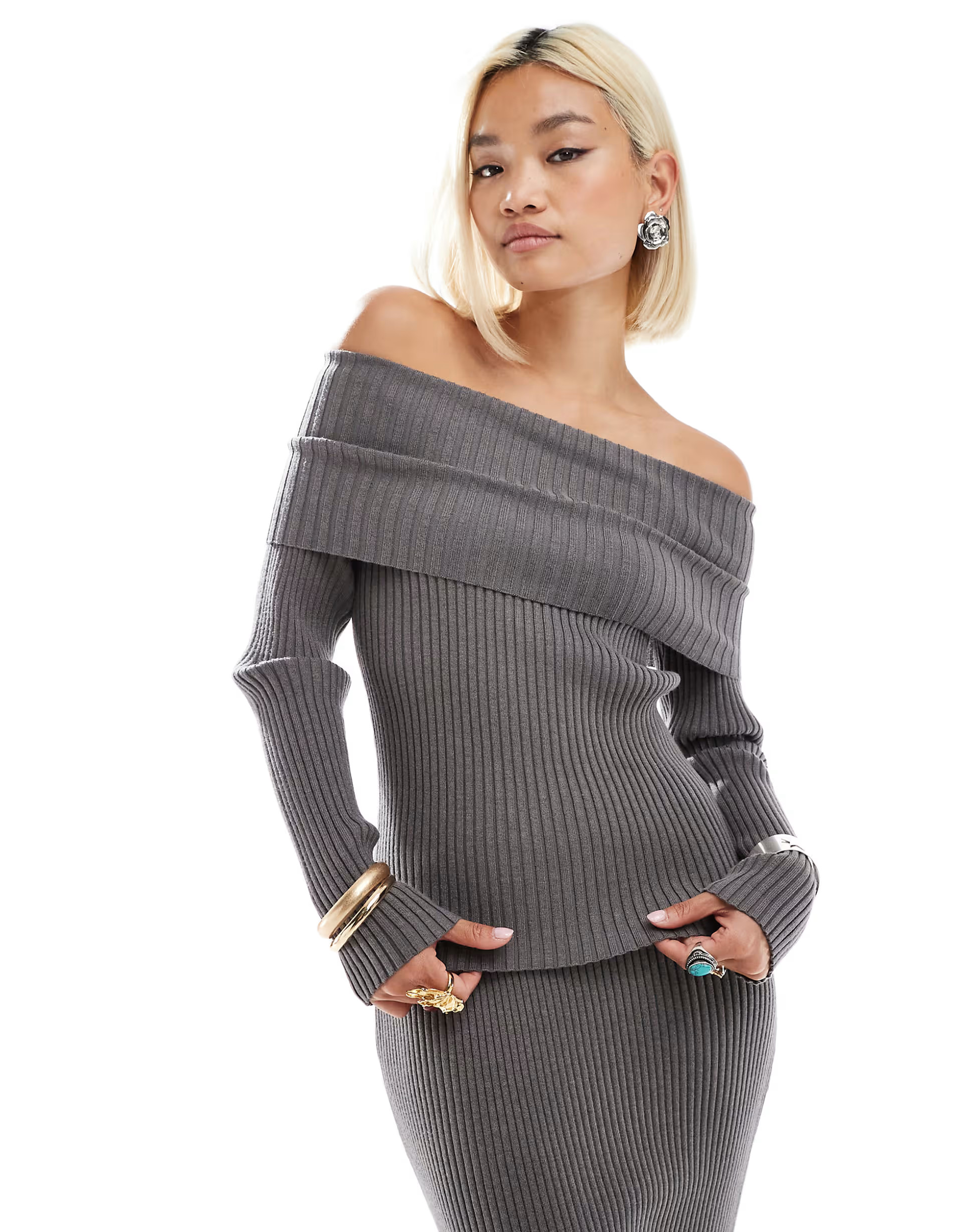 Glamorous off shoulder rib knit jumper in charcoal co-ird | ASOS (Global)