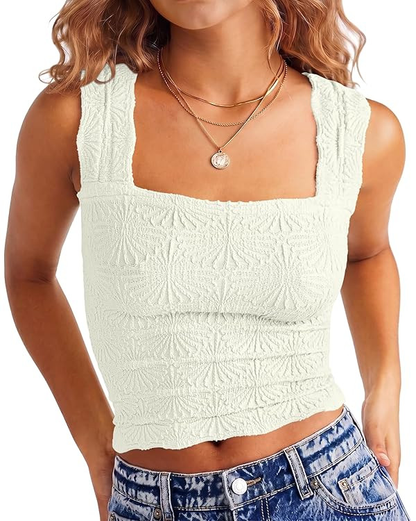 DouBCQ Women Cute Crop Tank Top Square Neck Wide Strap Vest Slim Fit Floral Lettuce Trim Cropped ... | Amazon (US)