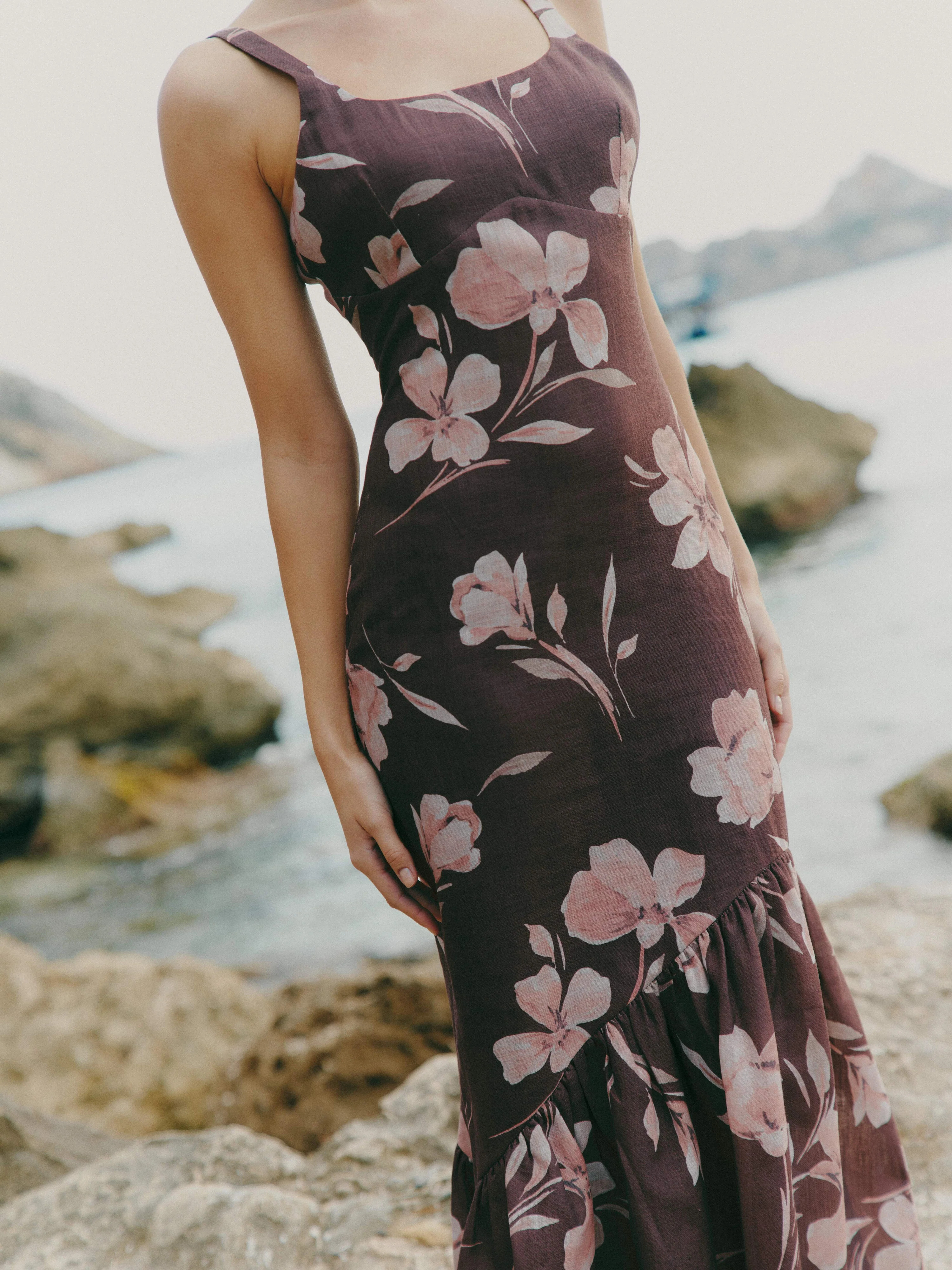 Kaia Scoop Neck Printed Frill Maxi Dress - Brown Botanical Lily Floral | Pretty Lavish (UK)