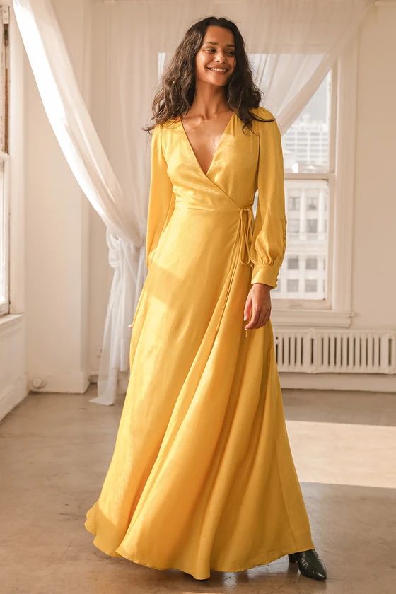 Have Faith Yellow Satin Button Sleeve Wrap Maxi Dress | Lulus (US)