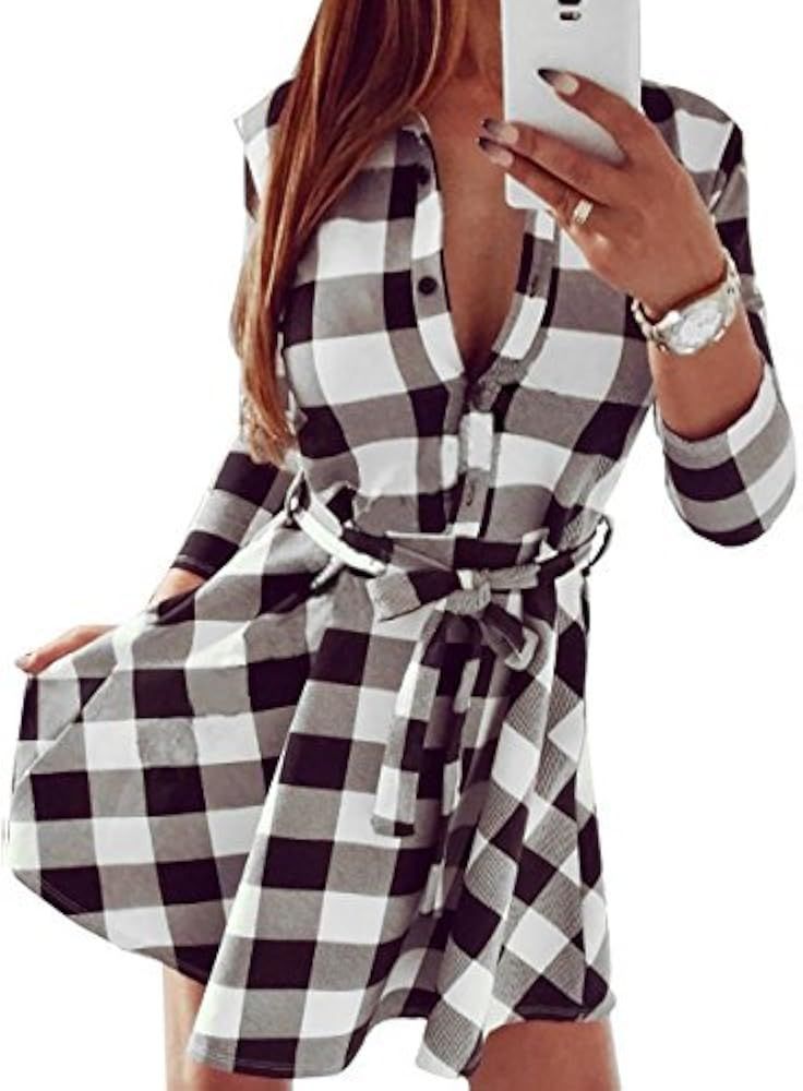 FANCYINN Women Long Sleeve Plaid Pattern Tunic Tops Shirt Casual Dress | Amazon (US)
