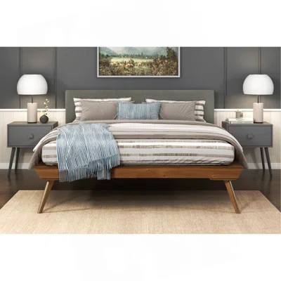 1Pc Platform Bed Upholstered Headboard Dark Gray Chestnut Finish Wooden Furniture | Wayfair North America