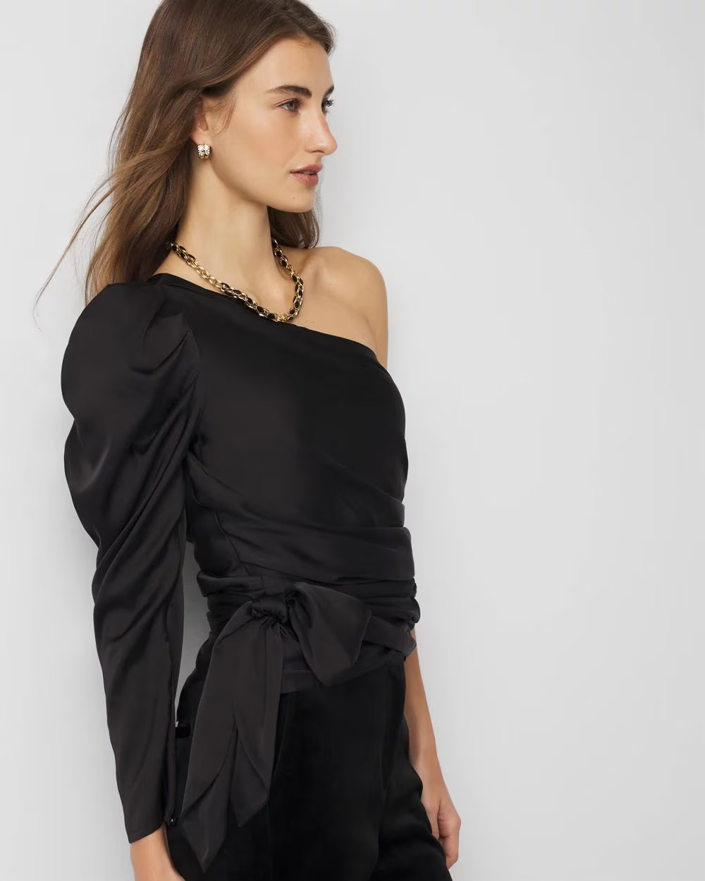 One-Shoulder Tie-Waist Satin Blouse | White House Black Market | White House Black Market