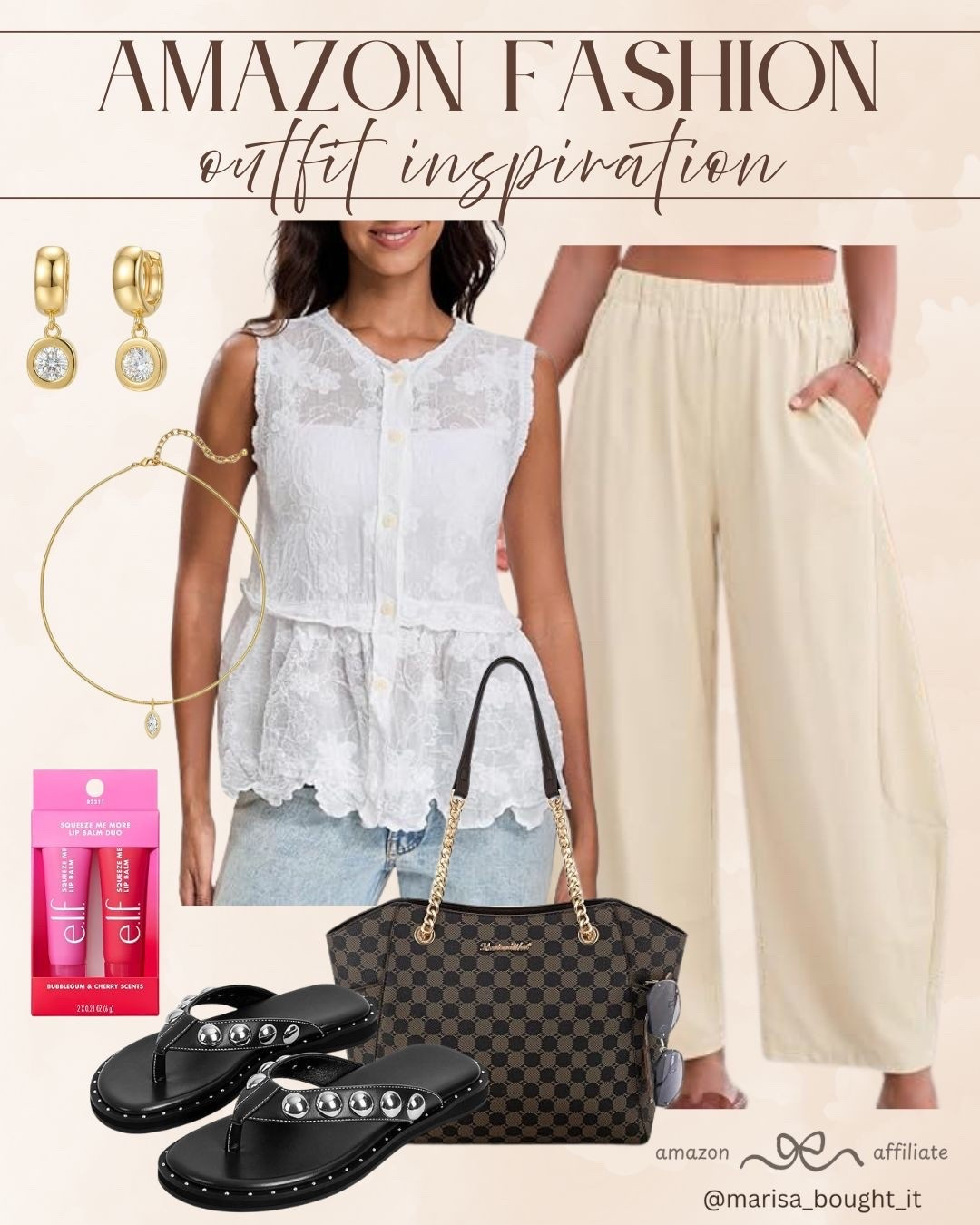 I styled an effortless warm-weather look featuring a delicate white floral lace sleeveless top paired with flowing, neutral wide-leg trousers. It creates such a relaxed yet beautifully detailed silhouette that is perfect for casual summer days. ☀️

I rounded out this styling with studded black slide sandals, a patterned checkerboard tote bag, elegant gold drop earrings, a dainty pendant necklace, and a hydrating pink lip balm set for a fresh touch.

#liketk #ltkstyletip #ltkunder50 #ltksummer #amazonfashion #amazonfinds #casualootd #summerstyle #widelegpants #everydaylook #vacationfashion #outfitinspo

#LTKootd #LTKSeasonal