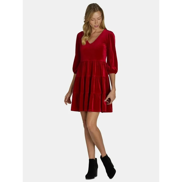 Time and Tru Women's and Women's Plus Velvet Mini Dress with ¾ Length Sleeves, Sizes XS-4X | Walmart (US)