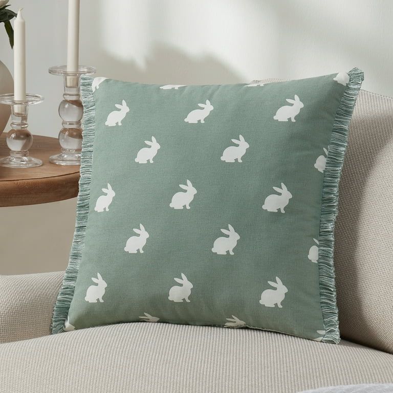My Texas House Kailey 18" x 18" Green Bunny Reversible Cotton Decorative Pillow | Walmart (US)