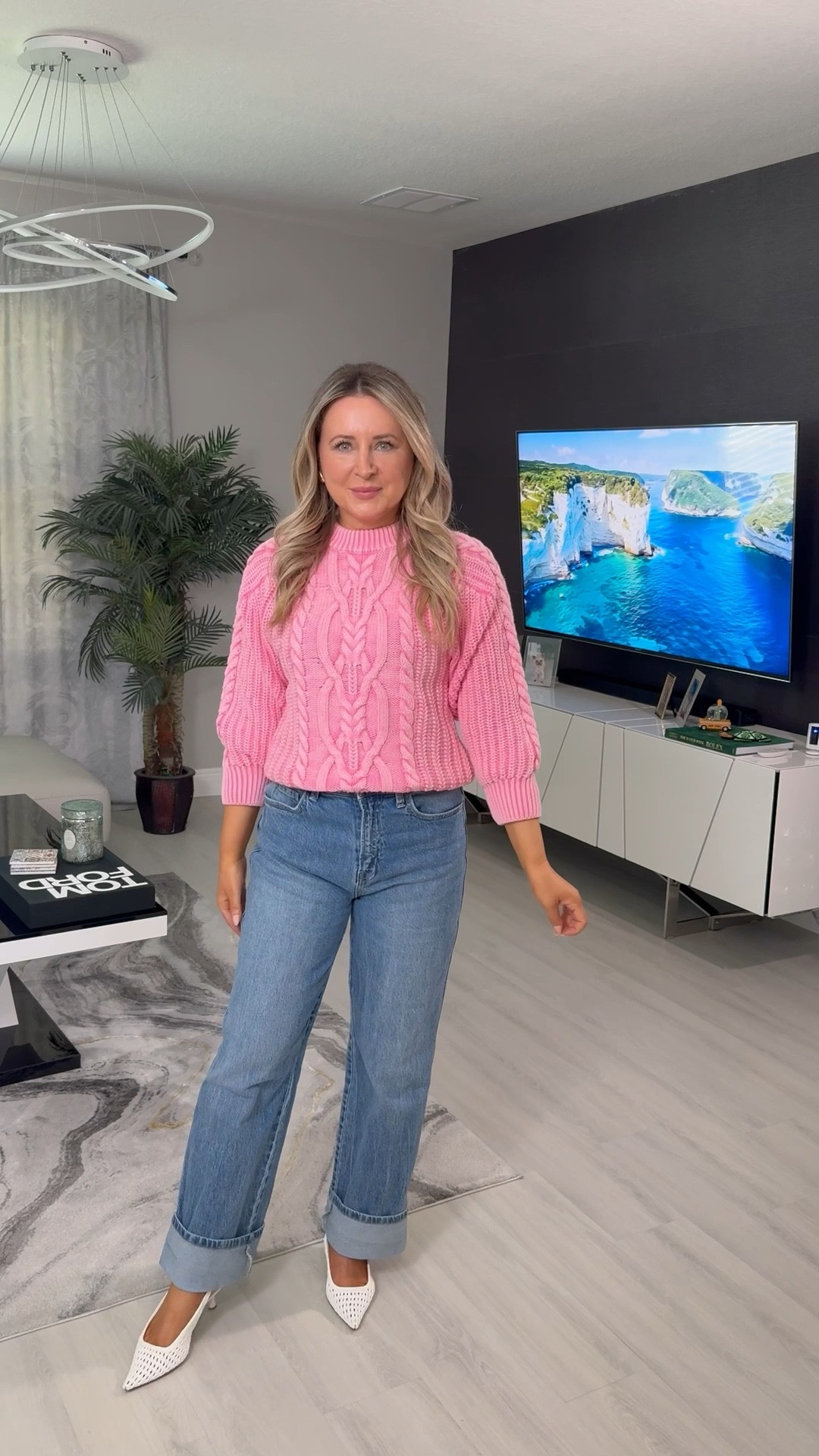 Save 35% with code AGGISAVE35
Wearing small in sweater and 26 in jeans 
@VICI 
#spring #pink #jeans

#LTKValentine #LTKootd #LTKNYFW