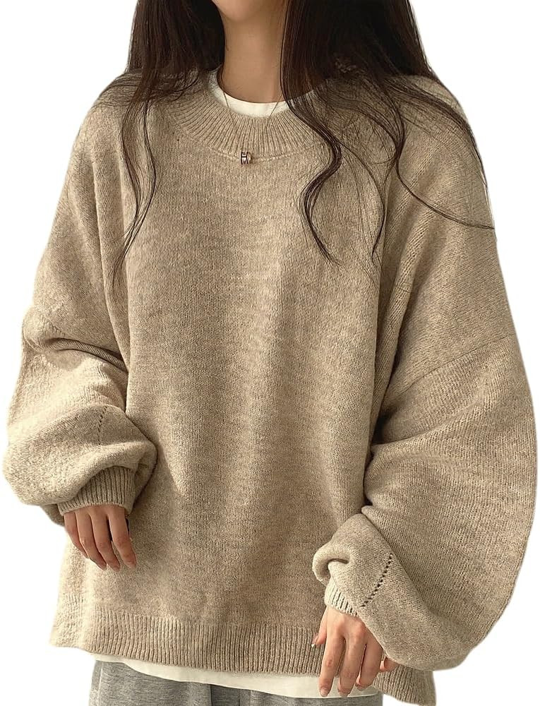 Retro Loose Pullover Round Neck Casual Solid Color Lantern Sleeve Sweater for Women | Amazon (US)