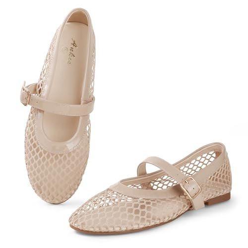 Ankis Mesh Ballet Flats for Women, Nude Mesh Flats Buckle Strap Mary Jane Ballerina Flats Women's Fishnet Flat Sandals Shoes for Dressy Summer | Amazon (US)