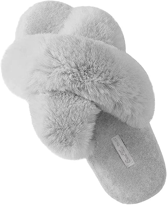 Women's Cross Band Plush Fuzzy House Slipper Open Toe Faux Fur Fluffy Flats Bedroom Slippers | Amazon (CA)