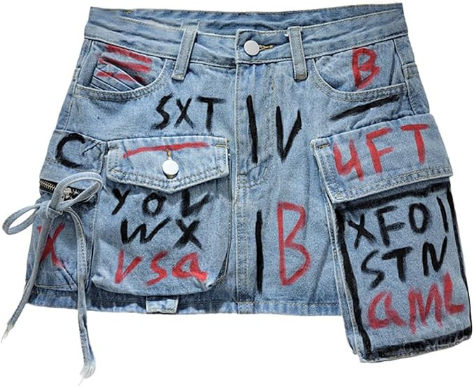 Women Cargo Skirt Denim Mini Low Waist Y2K Graffiti Jean Skirts with Pockets | Amazon (US)