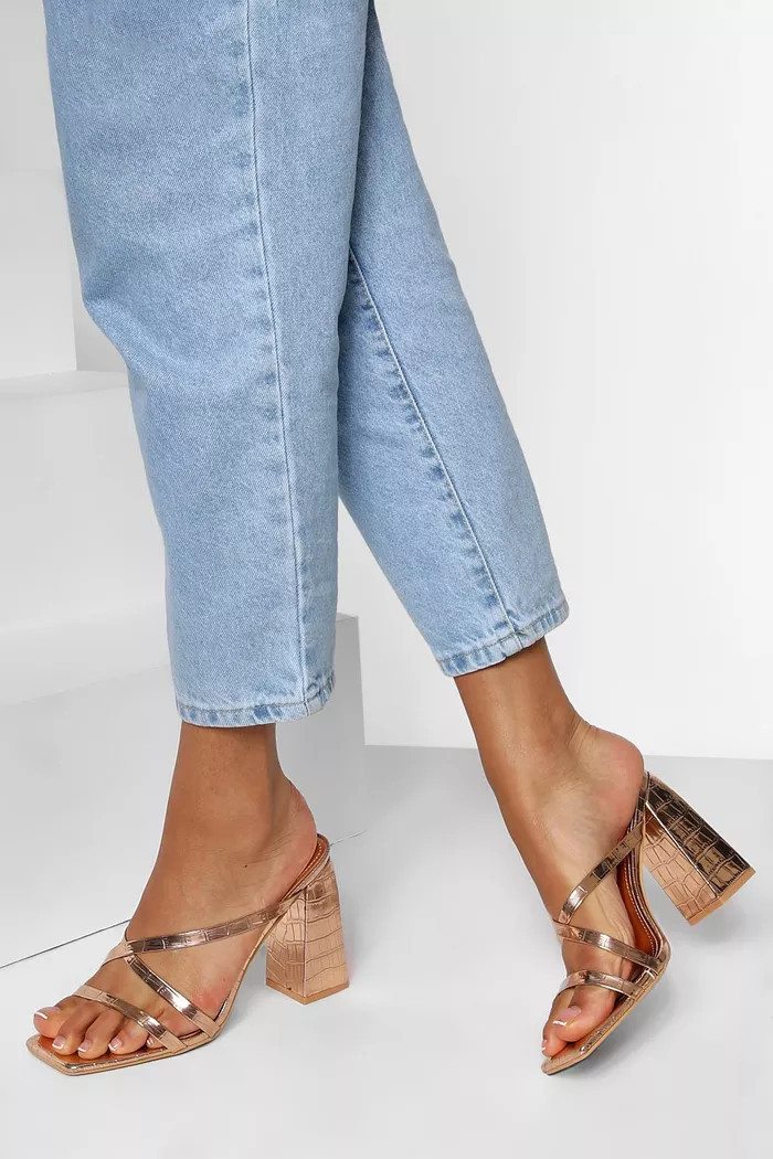 Wide Width Metallic Square Toe Block Heel Mules | Boohoo.com (US & CA)